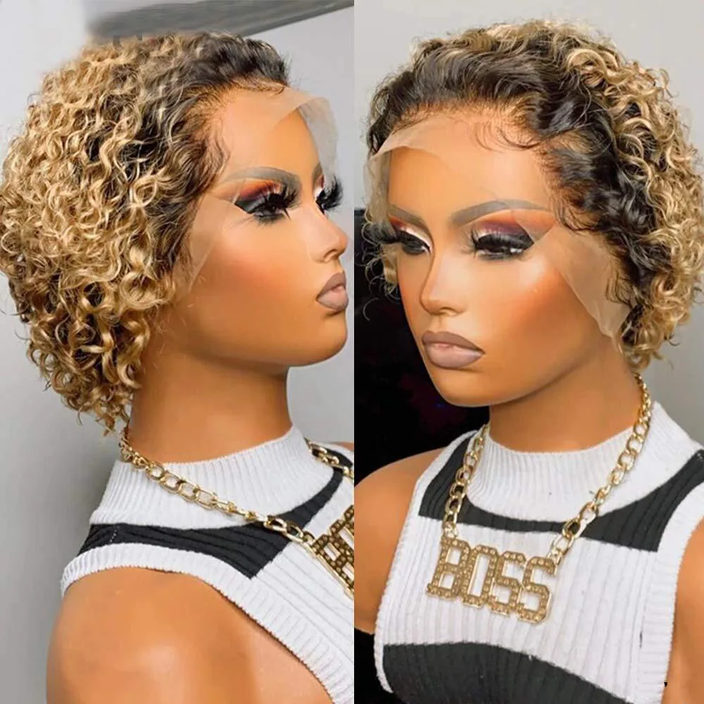 

1B27 Honey Blonde Pixie Cut Wig Short Bob Curly Human Hair Wig 13x4 Lace Front Deep Curly Lace Wig Preplucked Natural Hairline
