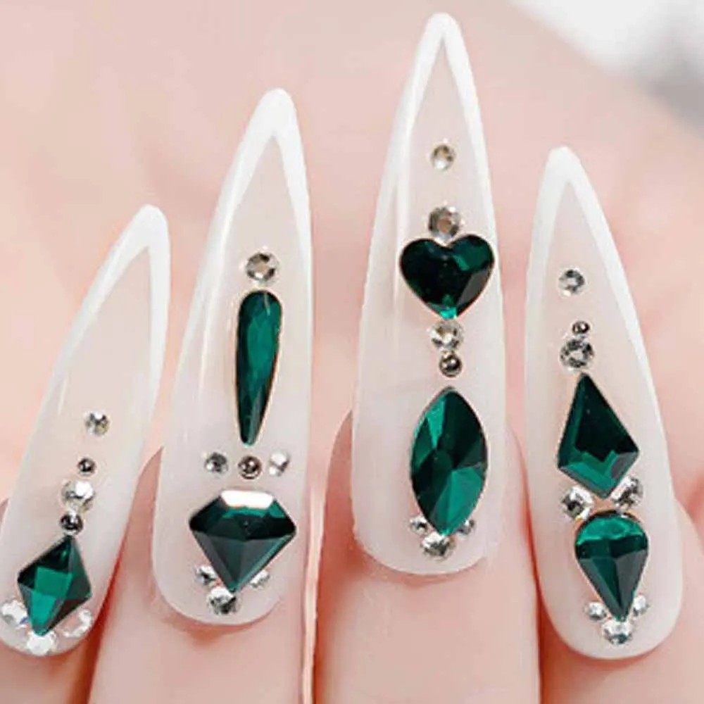 เพชรตกแต่งเล็บ 12Grid 3D สไตล์เรโทร สีเขียว ขนาดผสม รูปทรงกลม สี่เหลี่ยม ใส แบบกระจก สำหรับตกแต่งเล็บลายหัวใจ ดาว และคริสตัล