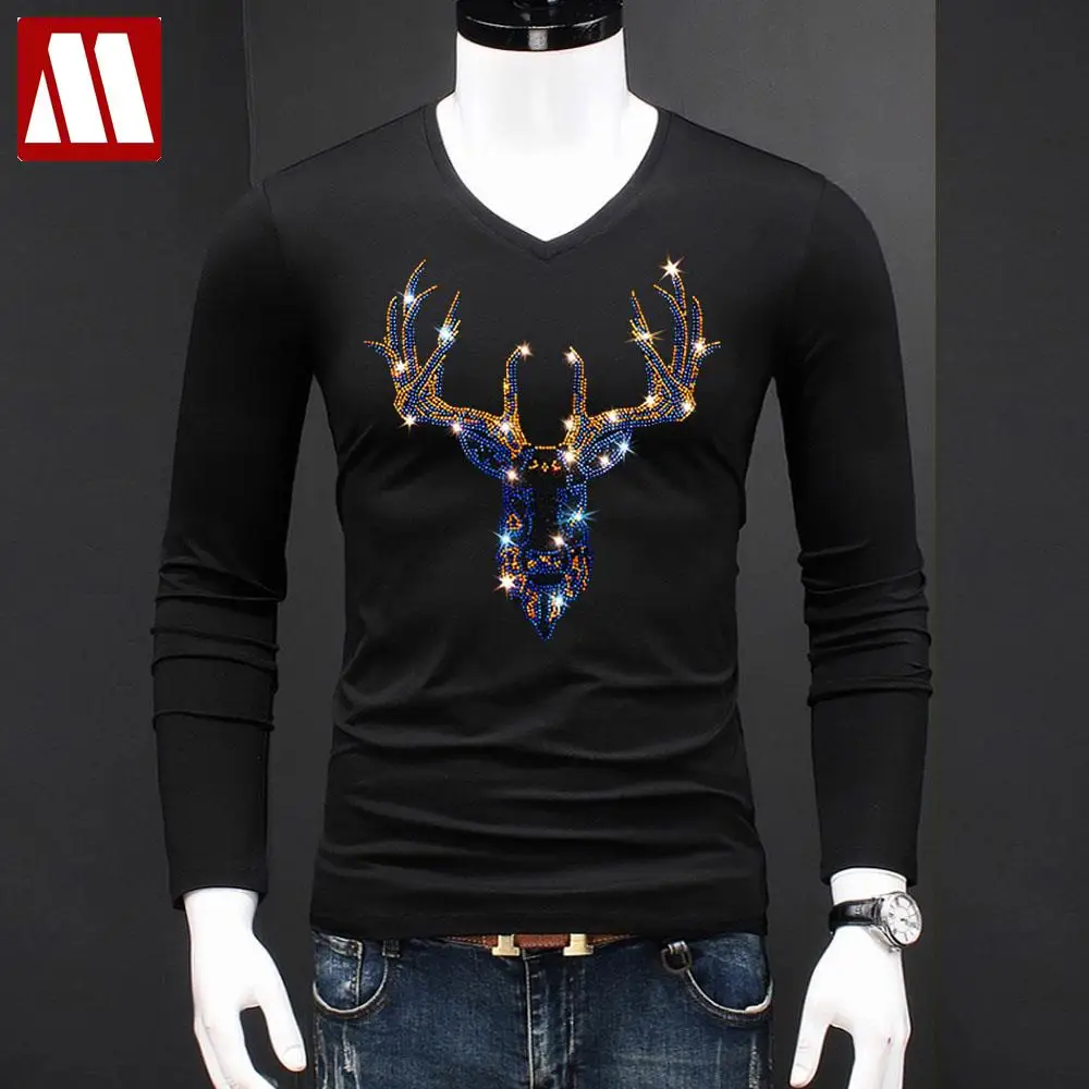 2024 Fashion Men's Clothing Oversized V Neck T Shirt For Male Shinny Deer Diamond Print Tees for Men Sparkling Anime T Shirts