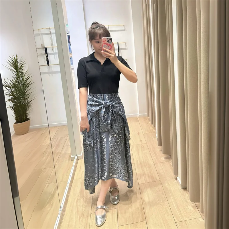 Klassieke Sle Retro Print Hoge Taille A-lijn Dr Fake Tweedelige Lente Zomer Katoenmix Gebreid ort Sve Midi Dr