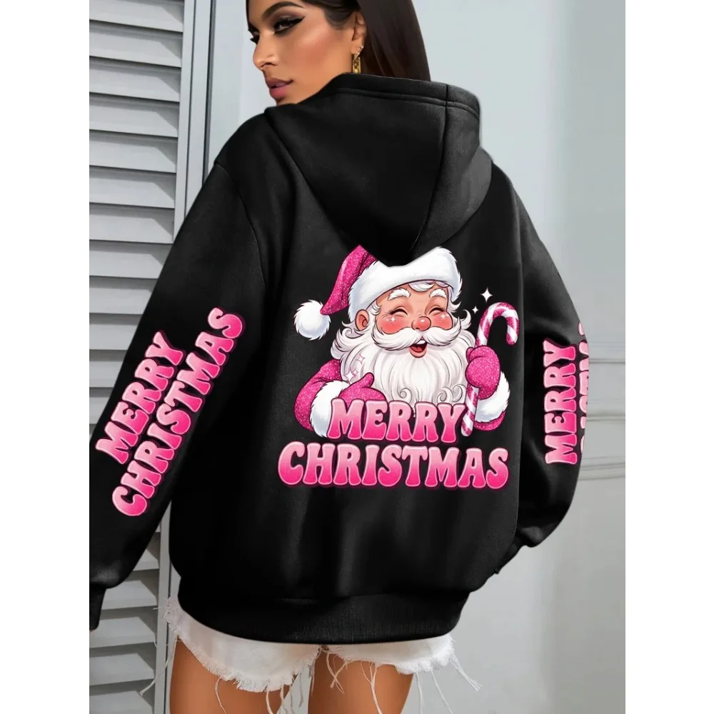 Merry Christmas Pink Santa Claus Printed Hoodies Women Pocket Fleece Hoodie Autumn Multicolor Sportswear Hip Hop Loose Clothes
