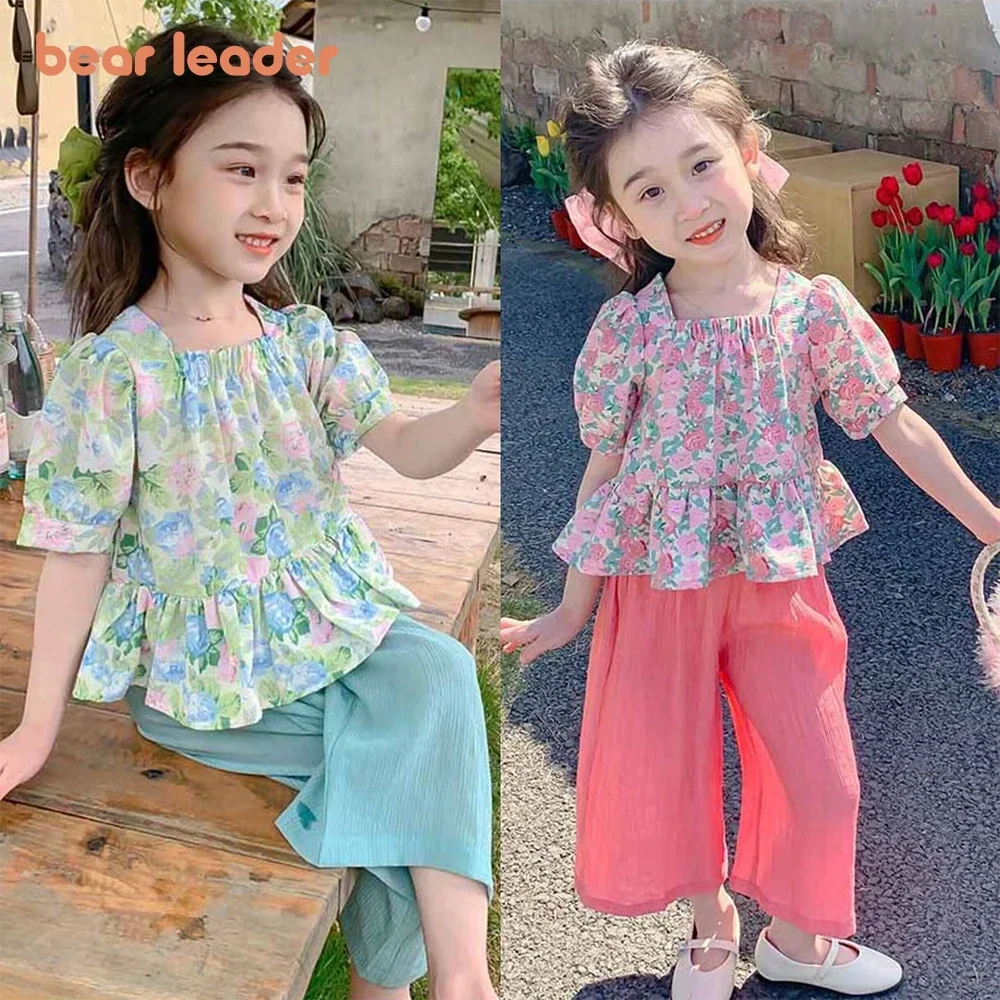 Bear Leader Girls' Set 2023 New Summer Girls' Square Neck Bubble Sleeve Flower Print Top+Pants Two Piece Children's Casual Set