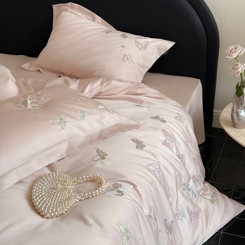 

Butterfly Embroidery Luxury Bedding Set Egyptian Cotton Single Queen King Size Duvet Cover Flat/Fitted Sheet Pillowcases 3/4Pc