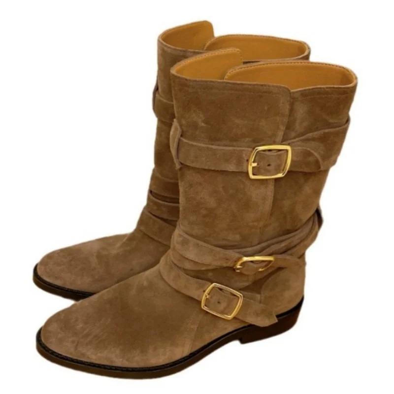 

Новые летние облегающие стильные женские ботинки до середины икры с острым носком, женские короткие ботинки на грубом каблуке с пряжкой, однотонная женская обувь