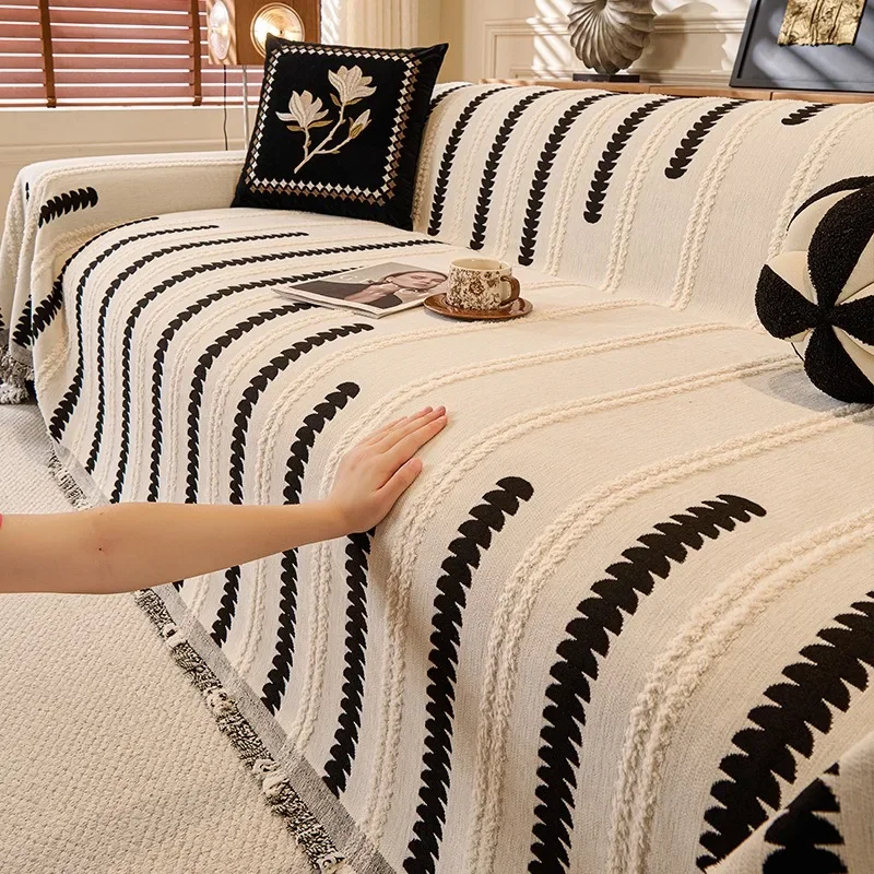 Chenille Striped Sofa Blanket All-Season  Anti-scratch Washable Pet-Friendly Couch Throw Protector Decor for Modern Living Room