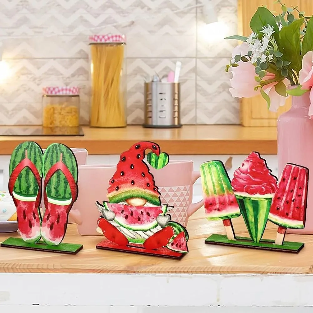 

Red Green Summer Watermelon Ornaments Funny Unique Wooden Watermelon Sign Handmade Dwarf Fruit Desktop Ornaments Home Decor