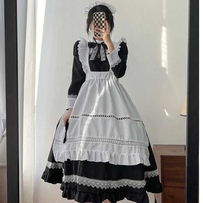 Plus size lolita jurk anime cosplay schoolmeisje meid uniform Goth Lolita zwart wit Dieval jurk lange mouw schort outfits E