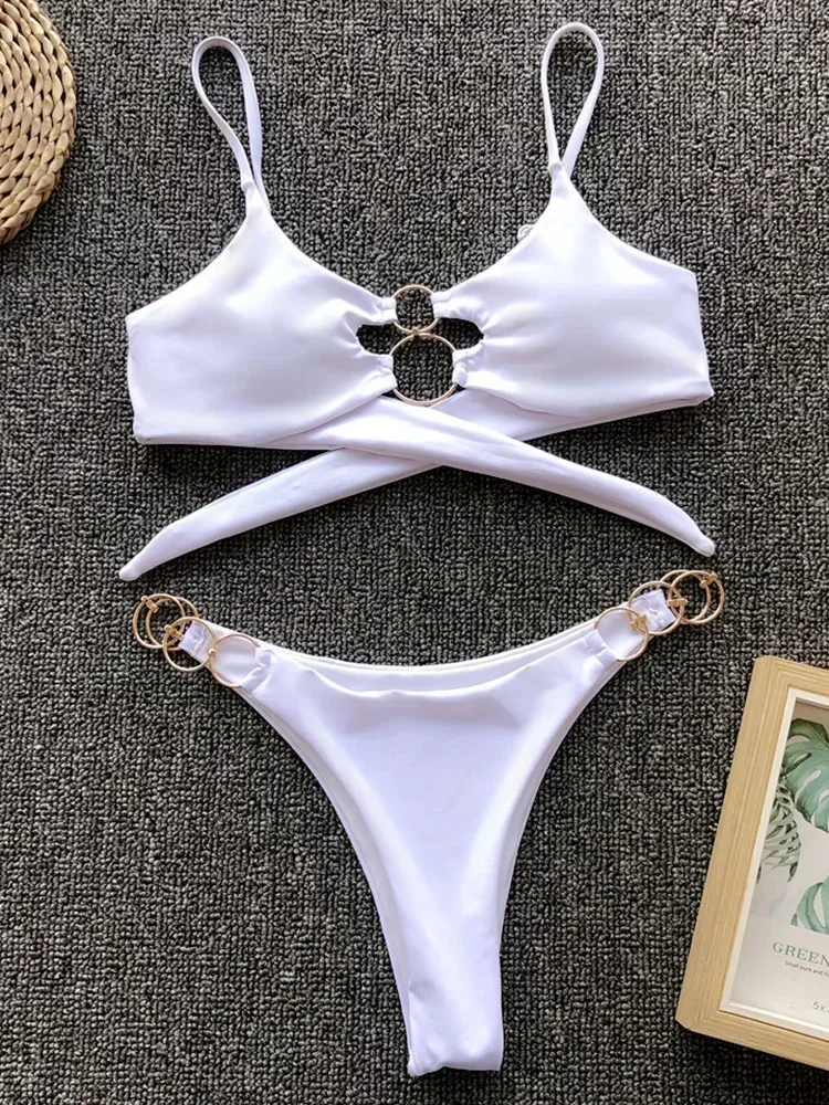 Bikini brésilien amissié avec anneaux en métal pour femme, maillot de bain deux pièces, échancré