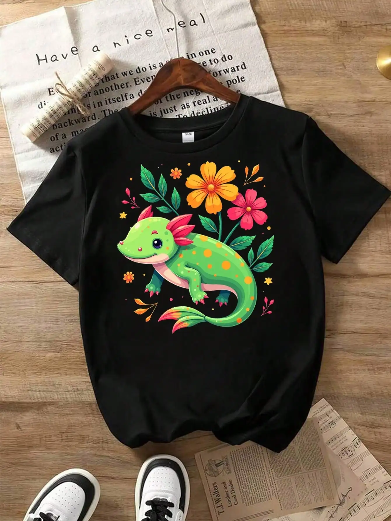 

Cute Mexican Axolotl Floral And Cartoon Lizard Pattern Cotton T-Shirt, Black Tee With Lizard And Flowers