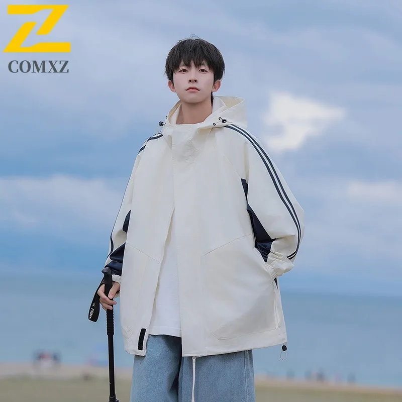 

COMXZ 2025 Мужская молодежная ветрозащитная куртка в японском стиле с боковой полоской, весенне-осенняя уличная свободная спортивная куртка с капюшоном