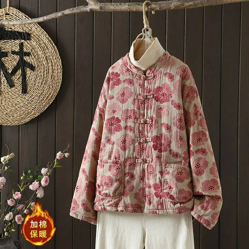 

Retro Chinese Style Women's Jacket Floral Print Short Coat National Style Stand Collar with Buckle Loose Fit Quilted Outerwear