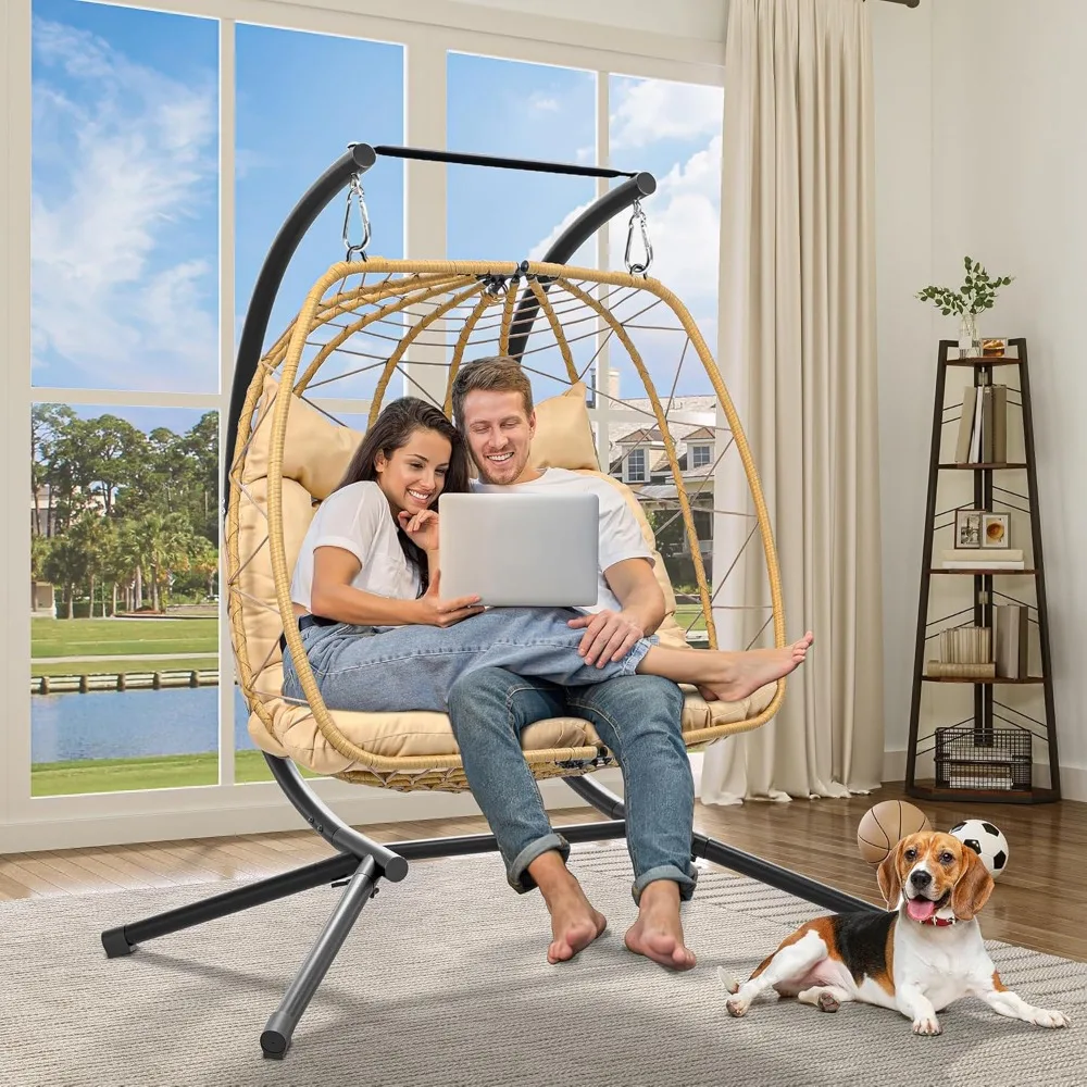 

Hanging Egg Chair Swing Chair with Stand Double Egg Chair 2 Person Wicker Chair Indoor Outdoor Hammock Egg Chair with Cushions