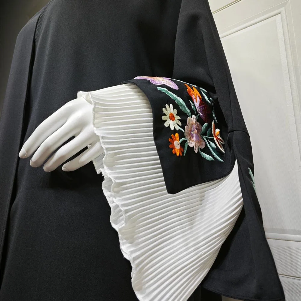 Black Abaya for Women, Floral Embroidered Cuffs Batwing Sleeves Muslim Open Abaya with White Pleats Trim, Islam Hijabi Outwear