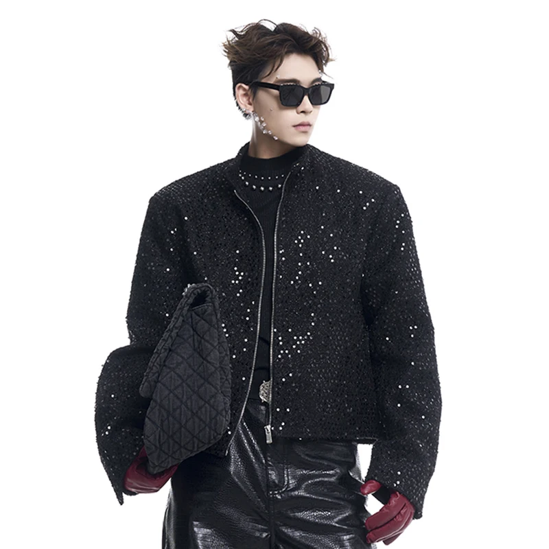 FEWQ Winter Sequin Decoration Men\'s Jacket Loose Fashionable Long Sleeve Zipper Design Male Top 2024 New Fashion Tide 24E2408