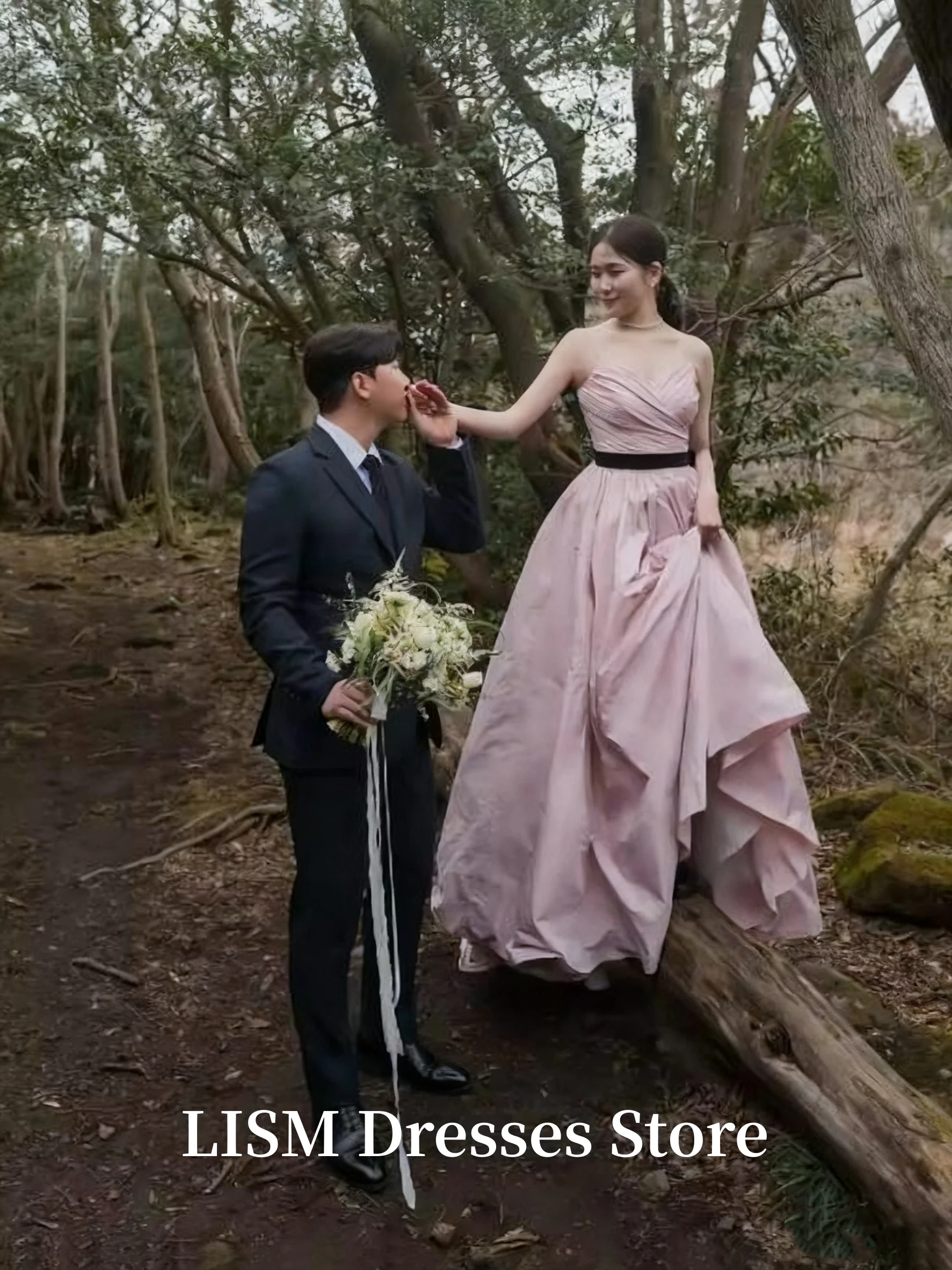 LISM Roze Koreaanse Avondjurken Spaghettibandjes Een Lijn Taft Bruids Zelf Trouwjurk Outdoor Fotoshoot Aangepaste Jurk
