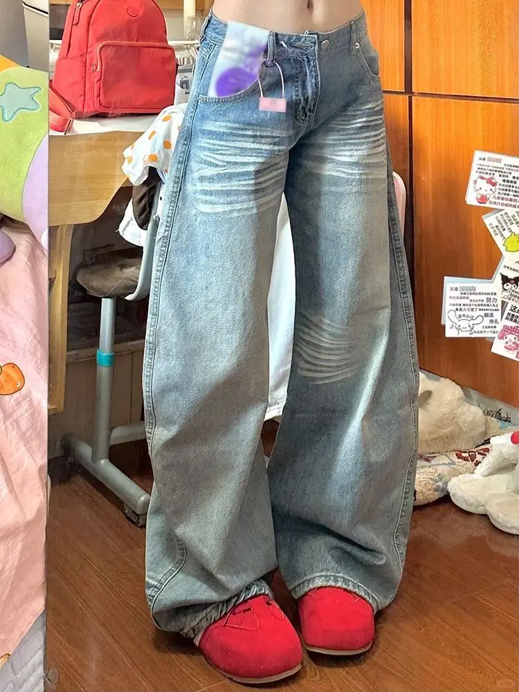 HOUZHOU Niebieskie Jeansy Damskie Y2k z Haftem, Prane, Niski Stan, Szerokie Nogawki, Amerykański Styl Vintage, Luźne Spodnie Denimowe, Spodnie Uliczne Harajuku