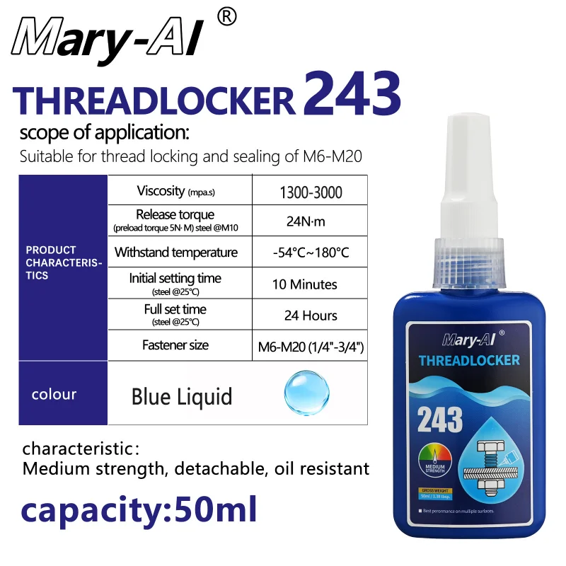 عالية الأداء 243 Threadlocker المسمار الغراء 50 مللي اللاهوائية الغراء موضوع قفل وكيل المسمار المثبت مع صندوق