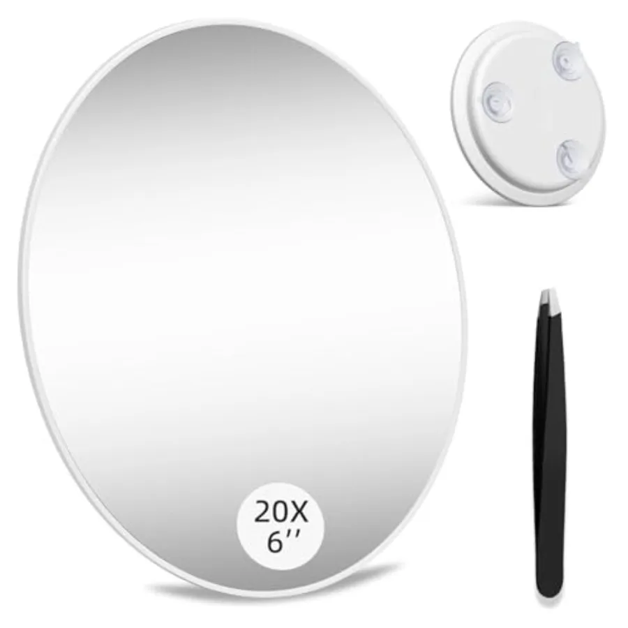 

Large 6" 20x Magnifying Mirror with Tweezers, Travel Magnified Makeup Mirror with Suction Cups, 20x Magnification