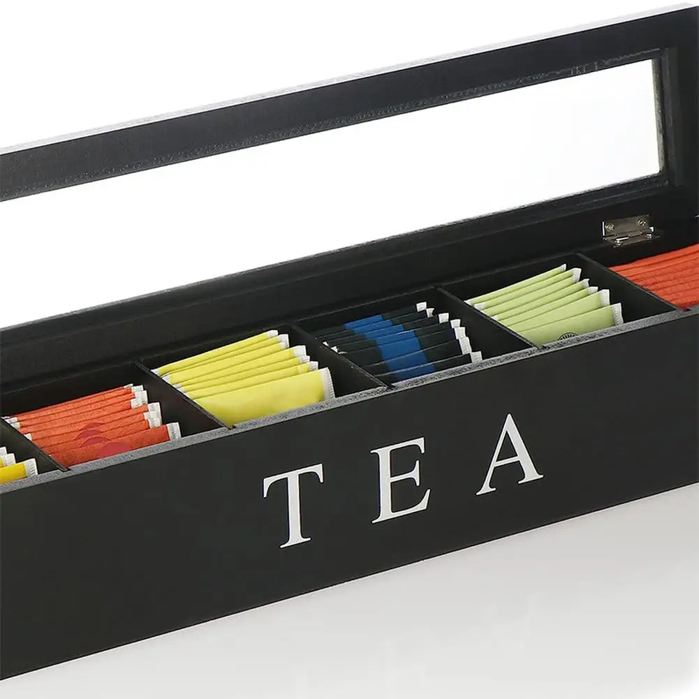 Tea Bag Holder With 6 Compartments, Wooden Coffee Station Condiment Organizer, Tea Box Sugar Packet Storage Basket Organizer