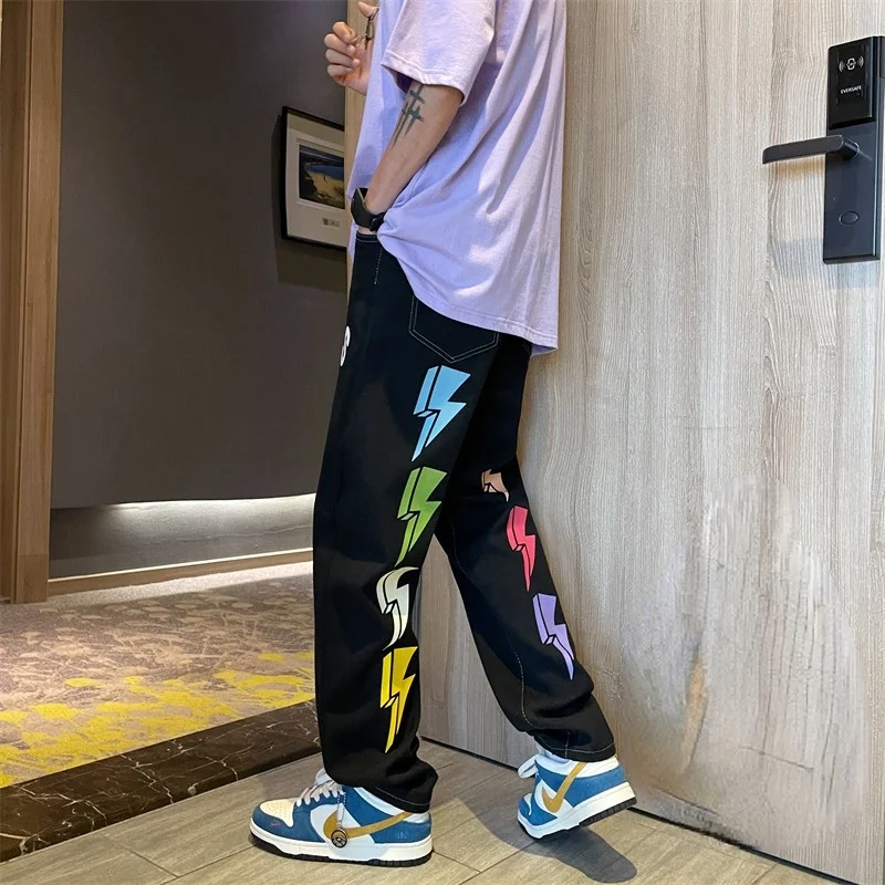 Lightning Print Jeans Men's Hip Hop Black Fashion Brand Straight Tube Loose Korean Personalized Wide Leg Pants