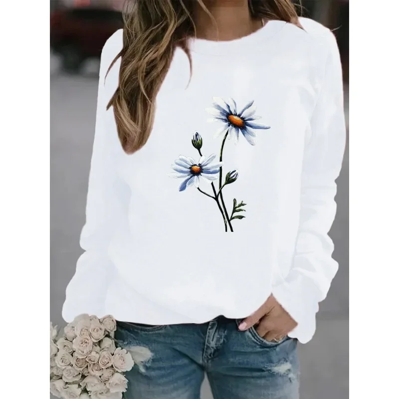 New Explosive Long-sleeved Flower Print Casual Pullover Round Neck European and American Hoodie Woman Sweatshirts