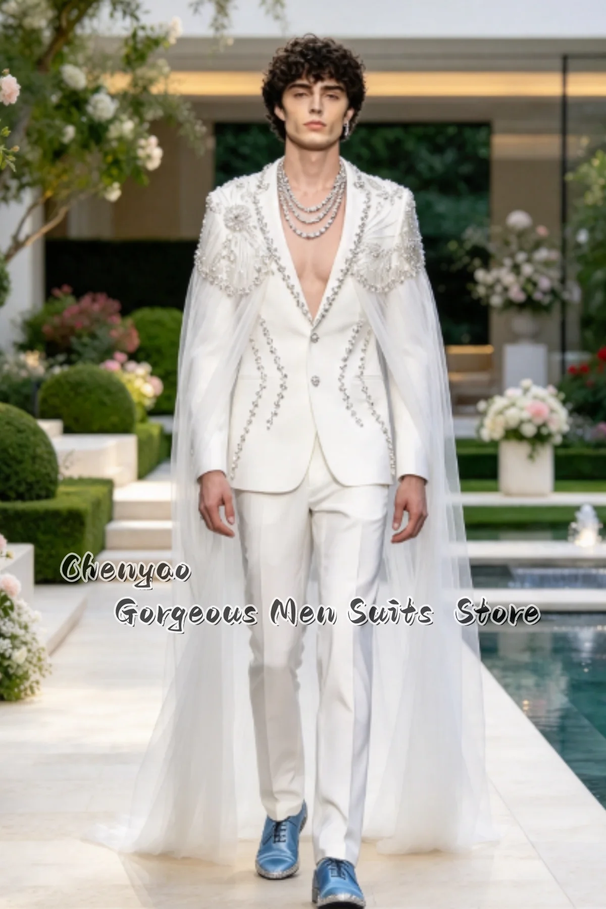 Luxury Groom Wedding Men Suit Custom Hand Rhinestone Beaded Tulle Cape Tuxedo Sparkly Formal Prom Blazers 2 Pieces Ropa Hombre