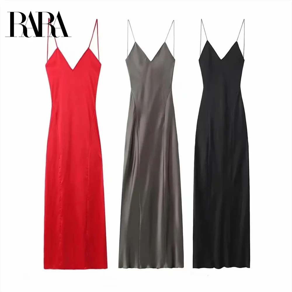 

2025 RARA Women's Spaghetti - strap V - neck Satin Midi Dresses in Red Grey and Black for an Elegant Look