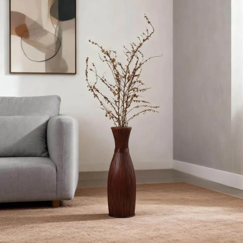 Rattan Knot Slim Plant Stand Light Brown Decorative Vase Tall Slender Elegant Geometric Design for Indoor Living Room Office