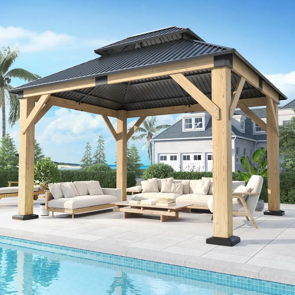 

10’x 12’ Outdoor Wood Gazebo - Patio Hardtop Gazebo Permanent Wooden Pavilion with Galvanized Steel Double Roof, Cedar Wooden Ga