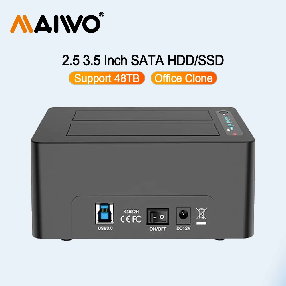 

MAIWO Dual Bay 2.5 3.5 Inch SATA HDD SSD with Offline Clone for 3X USB3.0 Hub Extension 48TB Capacity Hard Drive Docking Station