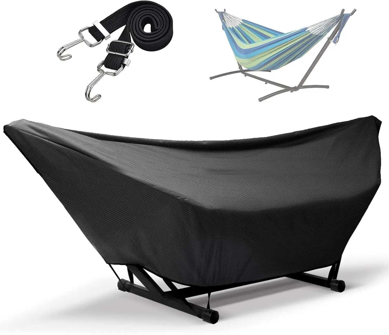 Waterproof Hammock Cover for 10-15FT Outdoor Hammock Beds, 420D Oxford Fabric with Elastic Ropes, Adjustable Buckle and Zip, Garden Patio Beach Hammock Stand Cover, Black, 15FT