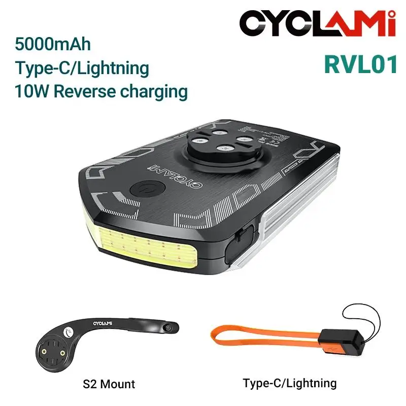 مصابيح أمامية للدراجة CYCLAMI RVL01 مصابيح أمامية نهارية 5000 مللي أمبير في الساعة أضواء دراجة محمولة، مناسبة لشحن Yu Jiaming XOSS IGS.