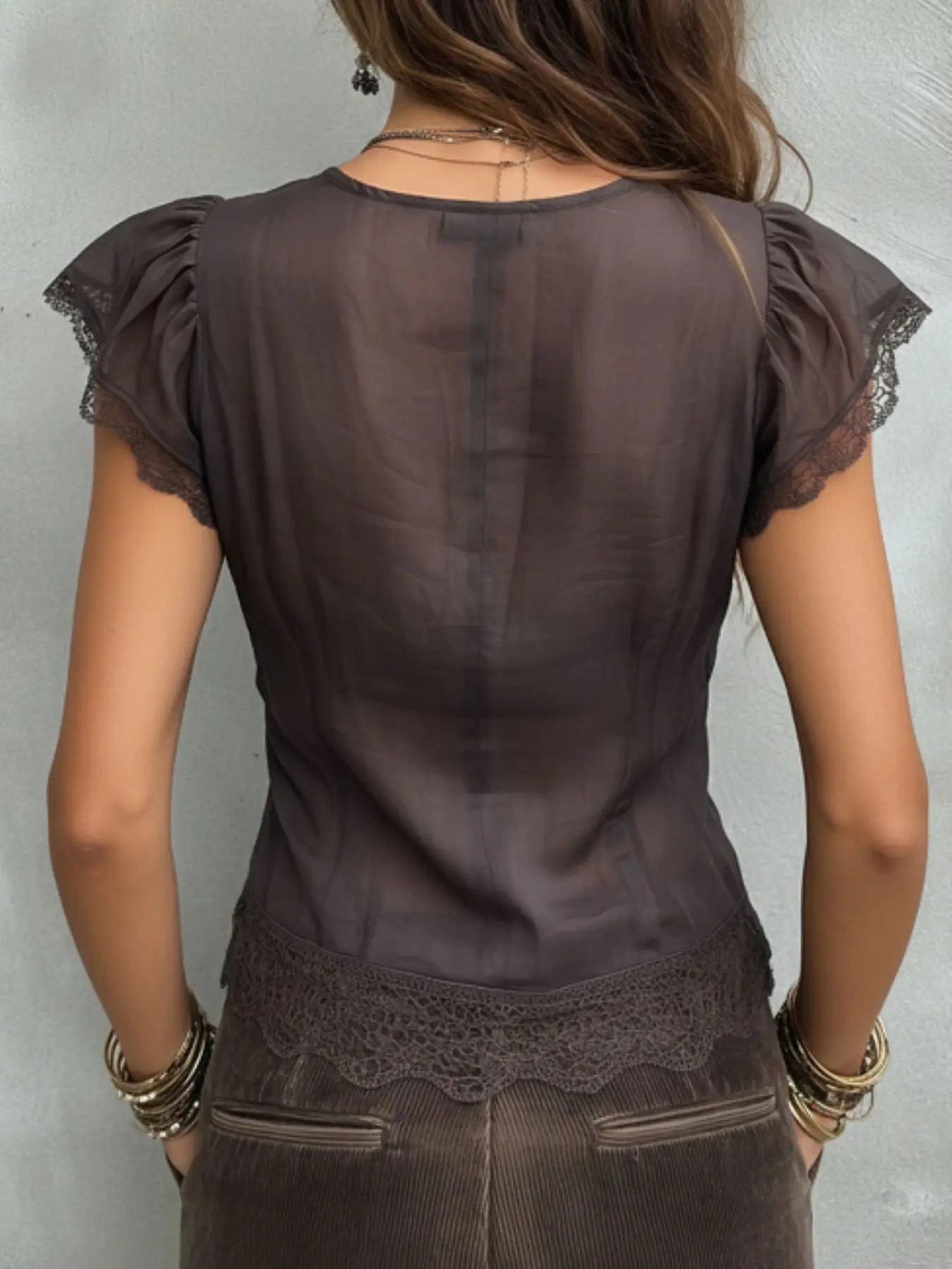 Vintage Bohemian Women Lace Trim Blouse Deep V Neck Flutter Sleeve Button Down Shirts Slim Fitted Retro Boho Casual Shirt Top view 3
