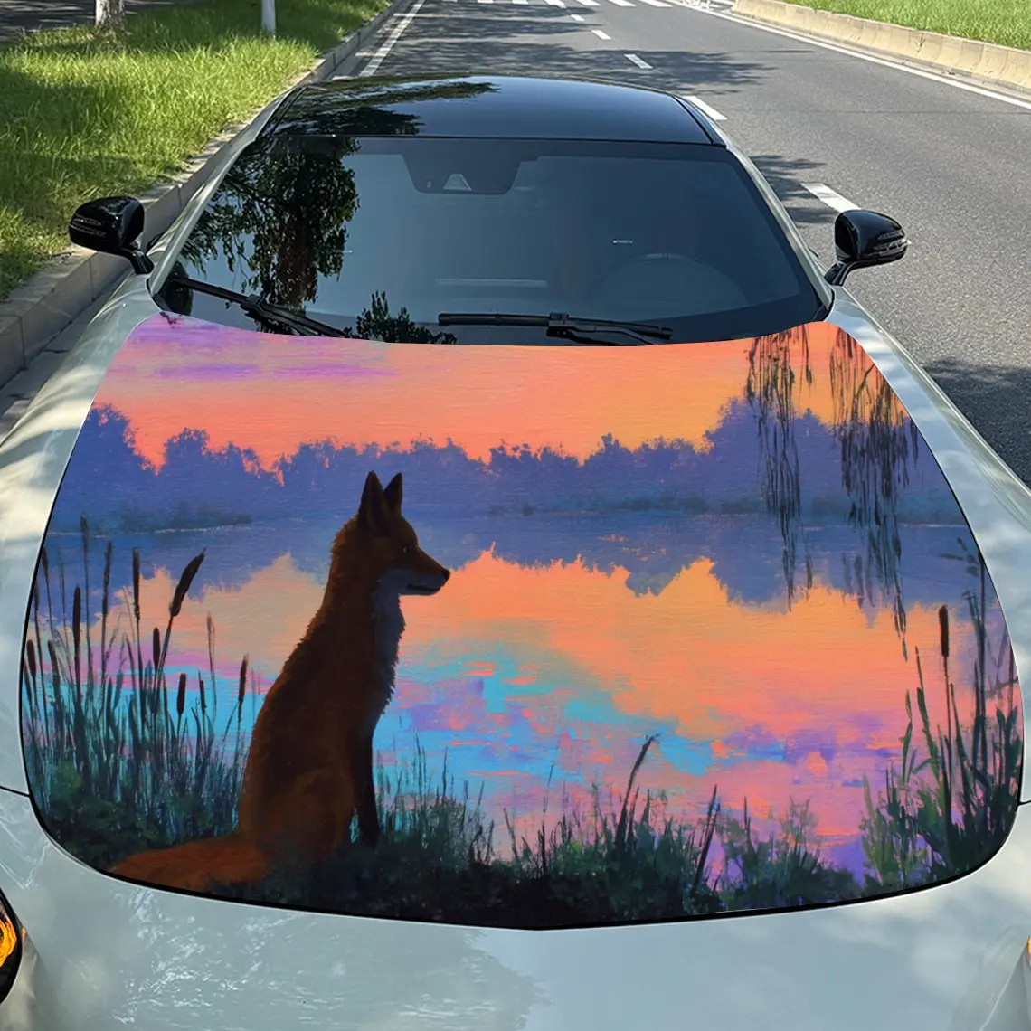 

Charming Fox in Lakeside Sunset Scene PVC Car Engine Hood Vinyl Wraps, Self-Adhesive Waterproof Car Hood Decal Sticker, Car Deco
