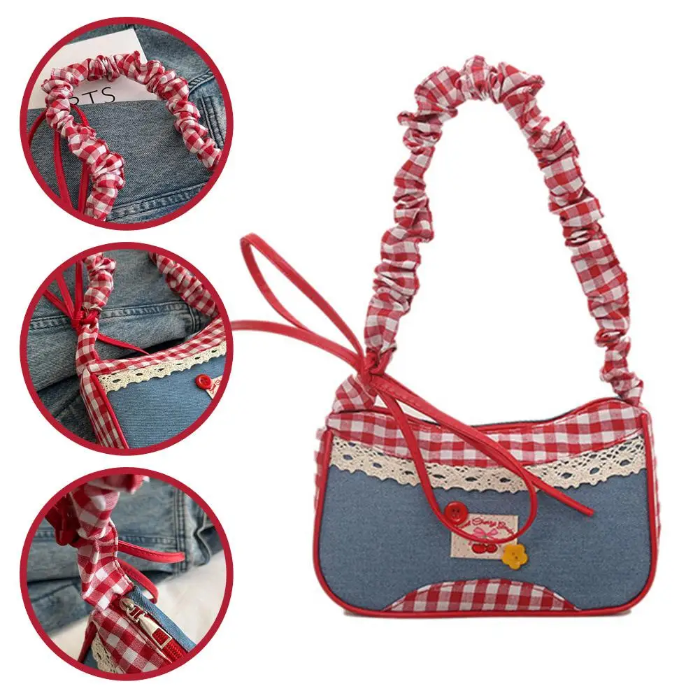 

Прекрасная решетчатая сумка на плечо с милым бантом, джинсовая сумка подмышки, модная плиссированная сумка на шнурке, повседневная дорожная сумка