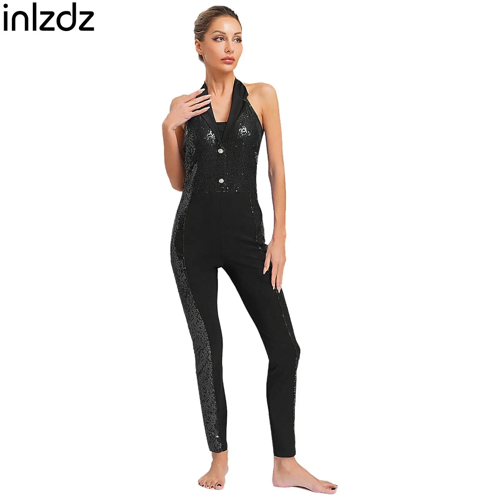 

Womens Backless Sequin Latin Jazz Dance Jumpsuit Halter Sleeveless Full Body Leotard for Chacha Samba Dance Performance Clothes