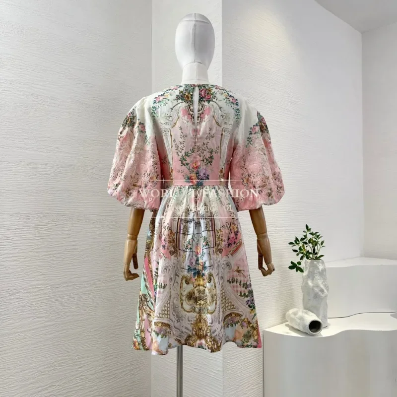 

Pink Doors and Windows Floral Print Pull Shorts Sleeve Embroidery V Neck Mini Dress 2025 Linen
