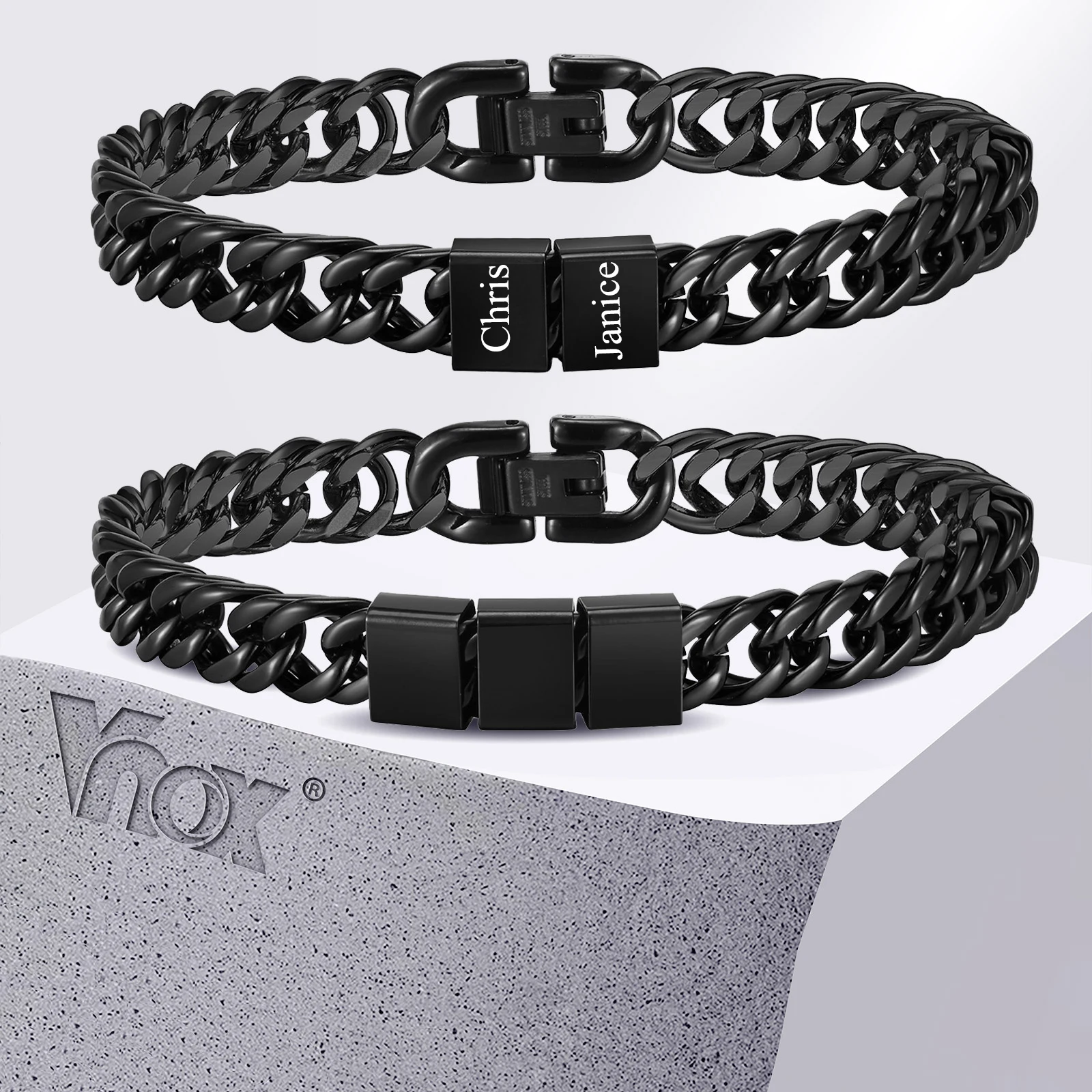 Vnox Custom Family Names Bracelets Gift for Dad Husband, Mens Stainless Steel Franco Foxtail Chain Bracelets, Love Gift for Him