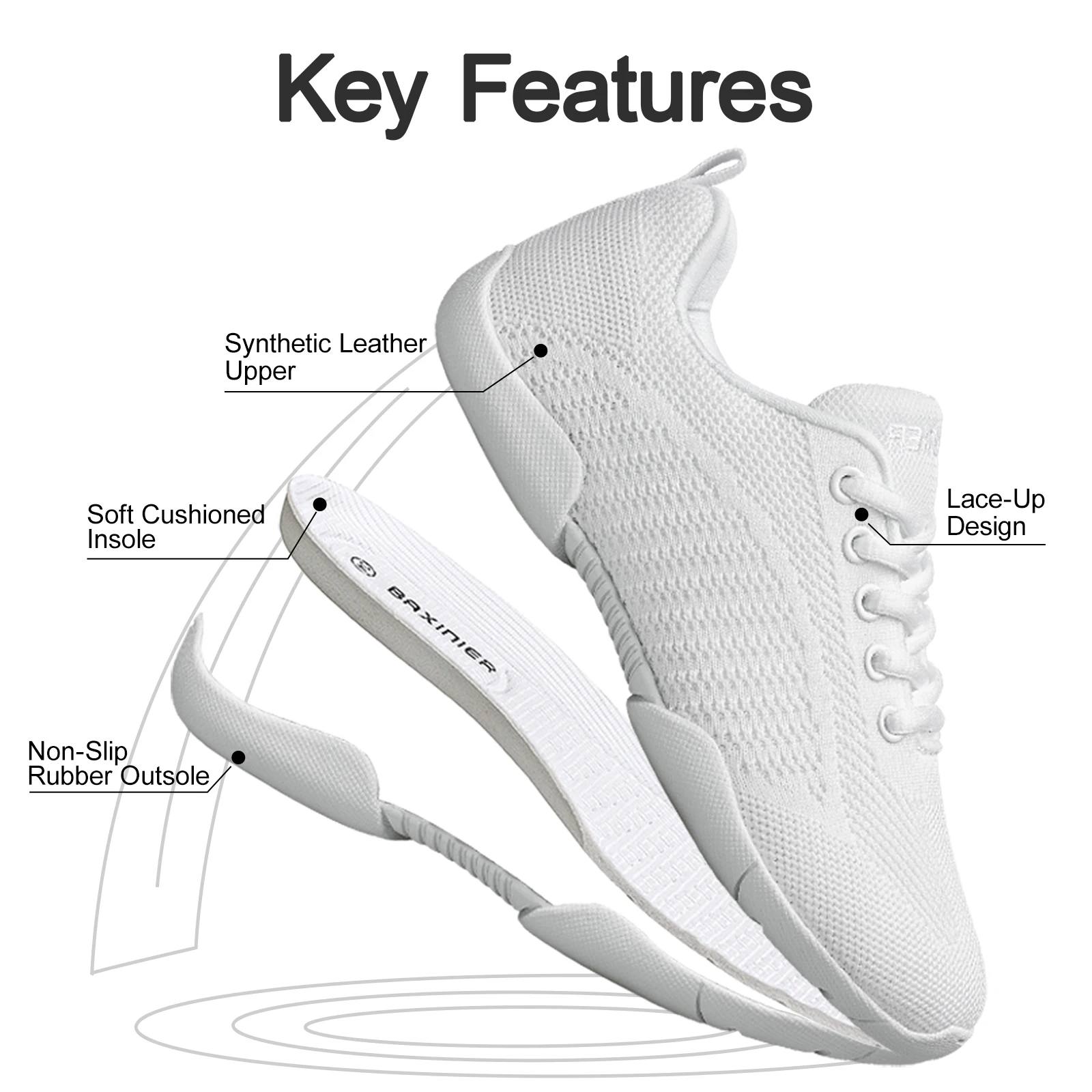BAXINIER Girls Cheerleading Shoes White Black Breathable Knit Athletic Training Sneakers Youth Kids Cheer Shoes Non-Slip Rubber Sole for School Practice and Competition