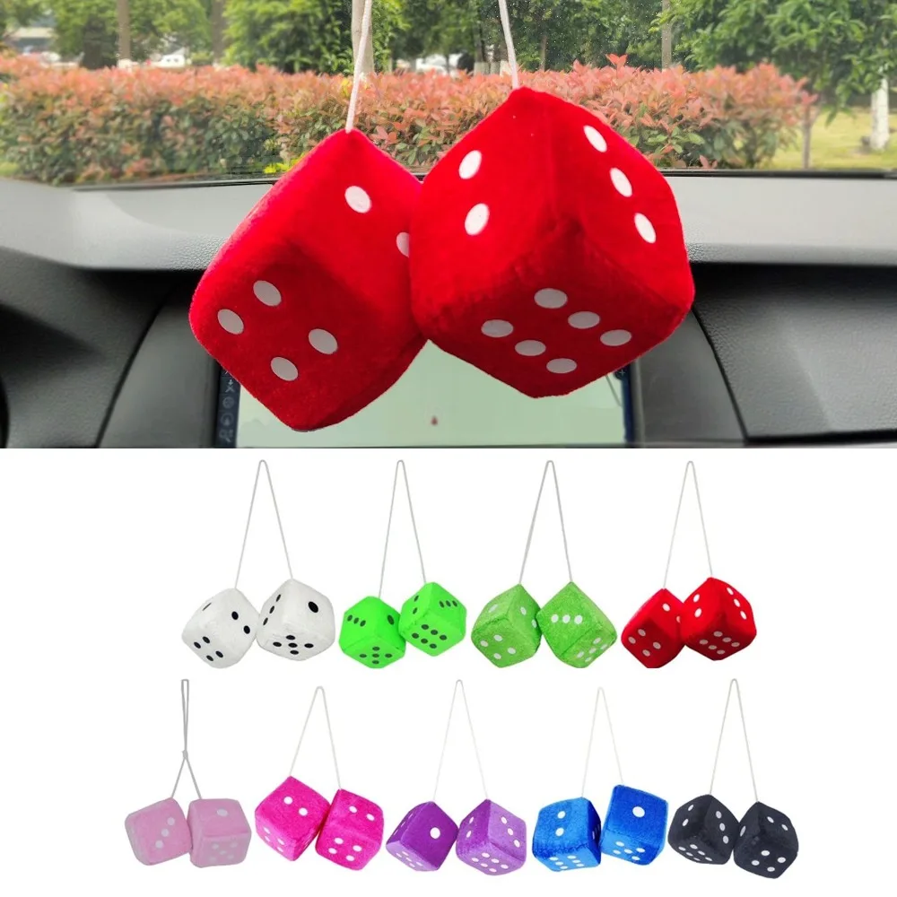 1pair Gift Three-Dimensional Car Pendant Plush Multicolor Rearview Mirrors Dangle Square Dice Hanging Ornament