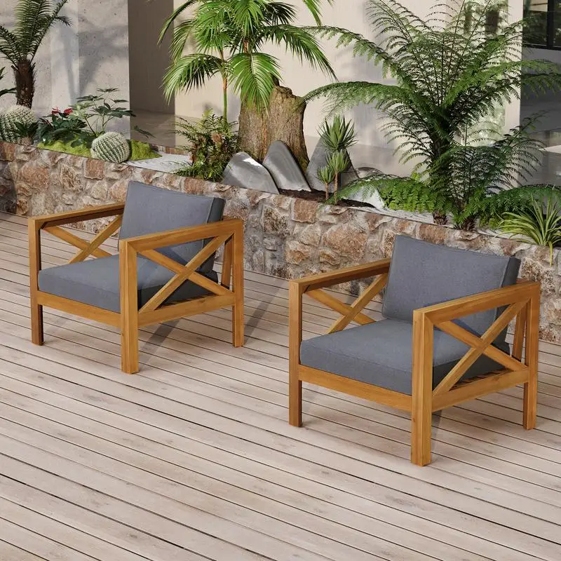 Outdoor Acacia Wood Club Armchair Set with Cushions - Teak Finish, Dark Grey Cushions (Set of 2)