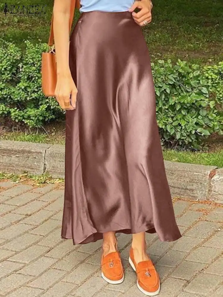 ZANZEA Women Elegant Satin Silk Long Skirts Summer High Waist Casual Solid Party Skirt Faldas Saia Female Stylish Work OL Jupe