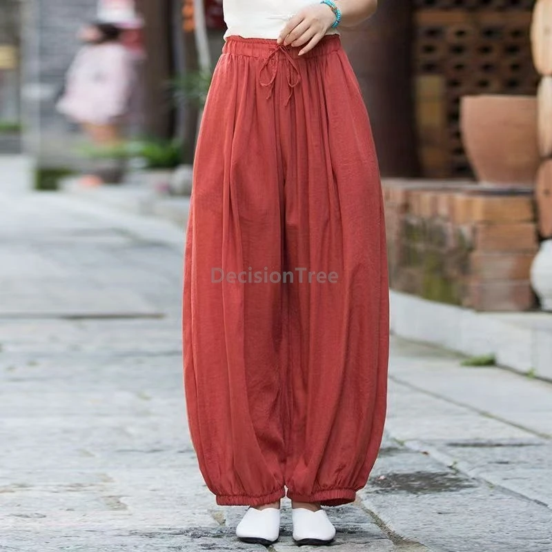 

2025 китайские винтажные брюки дзен, свободные повседневные универсальные повседневные хлопковые и льняные чайные брюки, новые женские тонкие брюки-фонарики для йоги