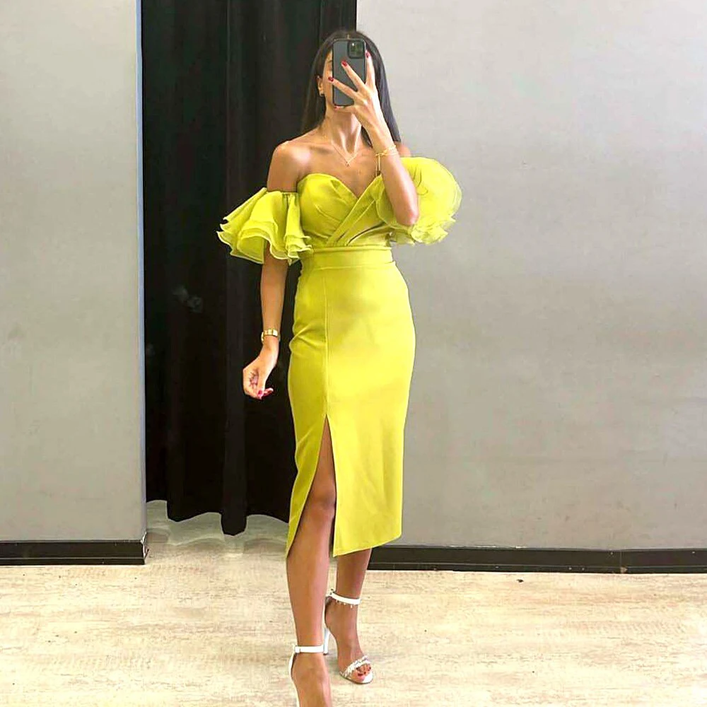 

Sheath/Column Evening Party Dress Midi Bud Green Sweetheart Side Slit Detachable Puff Sleeves Short Gown for Women 2023