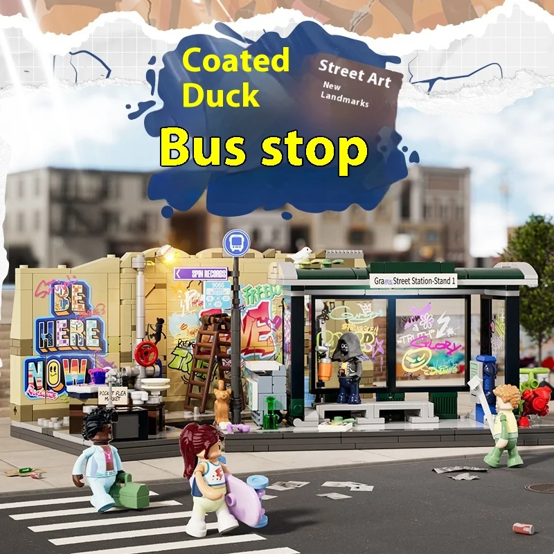 

Funwhole American Street Series Граффити Bus Station Небольшой вид на улицу Строительный блок Сборка Модель Городское игрушечное здание