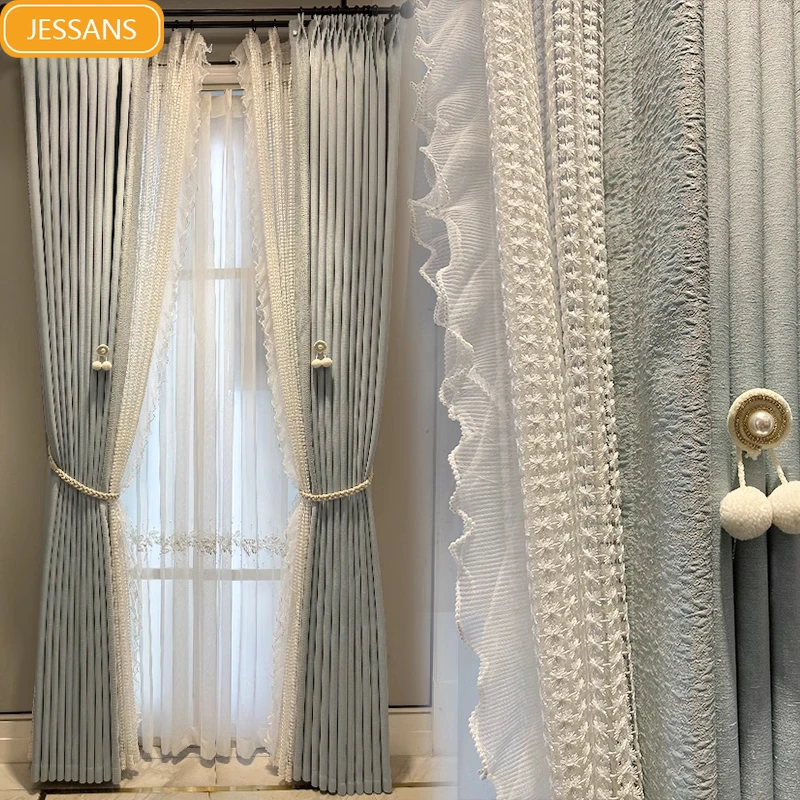 

Jacquard Lace Splicing Gray Milk Tea Chenille Curtains for Living Room Bedroom Bay Window Custom Embroidered Window Screen