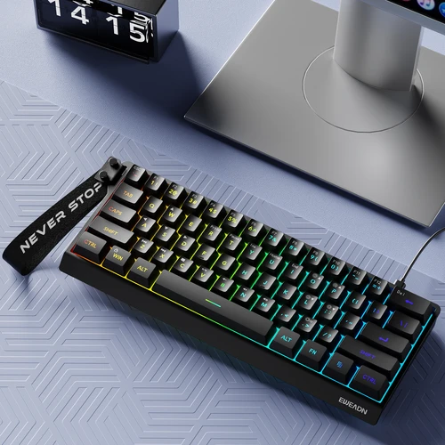 EWEADN Mini teclado para juegos con diseño de 61 teclas, tipo C con cable, diseño estético retroiluminado RGB silencioso, ligero, blanco y negro