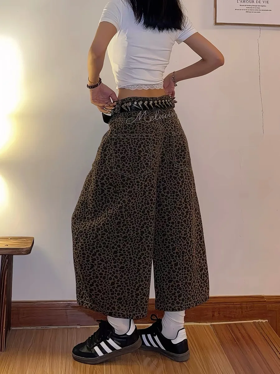 American Retro Street Leopard Print Workwear Knife  Seven-Foot Casual Loose Wide Men Women Summer All-Match Knee-High Pants