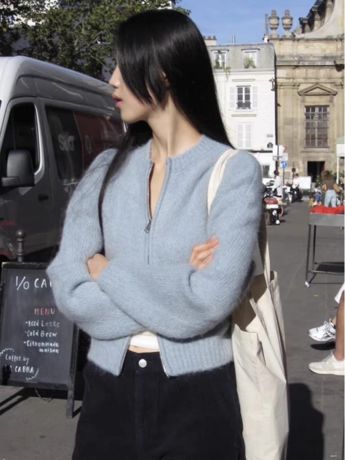 

Double Zipper Knitted Cardigan Women's Simple High-End Feeling round Neck Alpaca Wool Sweater Spring Autumn Winter Fashion