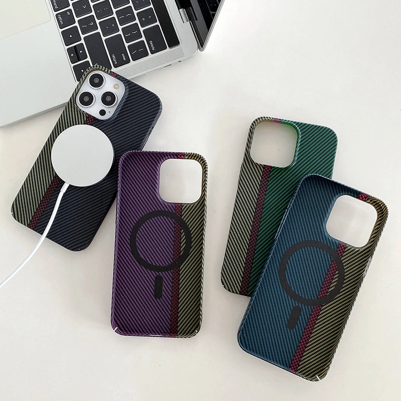 Carbon Fiber Texture Magsafe Phone Case For IPhone 16 15 Pro Max 11 Pro 12 13 Mini 14 Plus Kevlar Magnetic Matte PC Hard Case